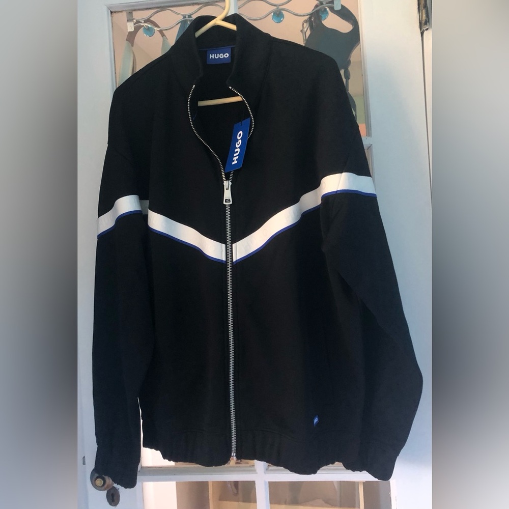 HUGO BOSS Black full zip up jacket with White and Blue Chevron -Sweatshirt